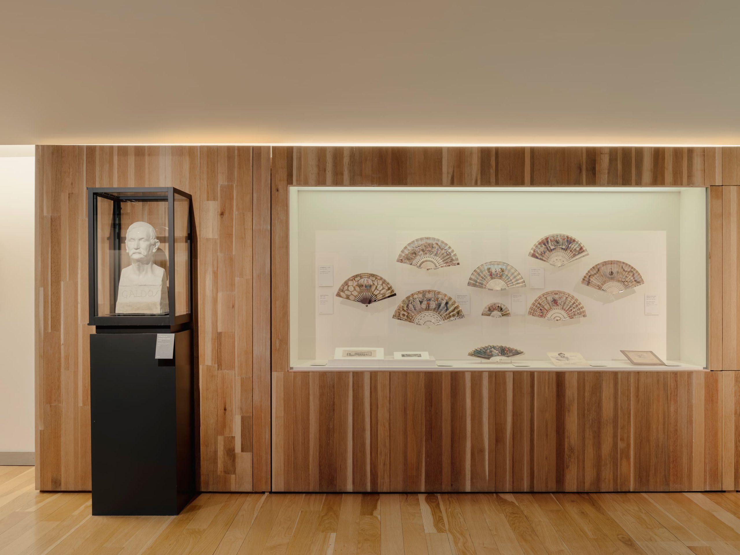 Colección de abanicos y torso en vitrinas